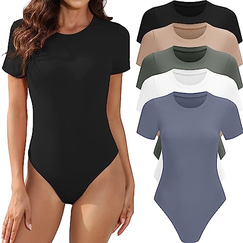 MLYENX 5er-Pack Body für Damen, kurzärmelig, Rundhalsausschnitt, lässig, dehnbar, Basic-T-Shirt, Body-Shirt, 5er-Pack: Schwarz, Weiß, Olivgrün, Hautfarben, Dunkelblau, 36 von MLYENX