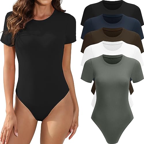 MLYENX 5er-Pack Kurzarm-Body für Damen, Rundhalsausschnitt, lässig, dehnbar, Basic-T-Shirt, Bodysuit, Tops, 5er-Pack: Schwarz, Weiß, Olivgrün, Marineblau, Kaffee, L von MLYENX