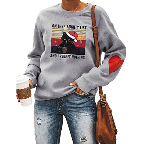 Damen-Sweatshirt auf der frechen Liste Weihnachten Katze Getränk Kaffee Hoodie Rot Herz Ellenbogen Langarm Sweatshirts Tops, grau, Large von MLZHAN