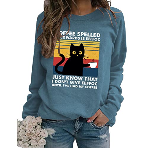 Damen-Sweatshirt mit Aufschrift "Coffe" und Aufschrift auf der Rückseite, süße Katzen, Kaffee, Kpop, Rundhalsausschnitt, langärmelig, Blau 2, Medium von MLZHAN