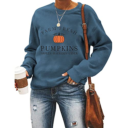 Damen-Sweatshirts für Halloween, Bauernhof, frische Kürbisse, Äpfel, Apfel, Cider, grafisch, ästhetischer Rundhalsausschnitt, langärmelig, blau, X-Large von MLZHAN