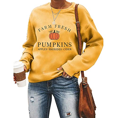 Damen-Sweatshirts für Halloween, Bauernhof, frische Kürbisse, Äpfel, Apfel, Cider, grafisch, ästhetischer Rundhalsausschnitt, langärmelig, gelb, Large von MLZHAN