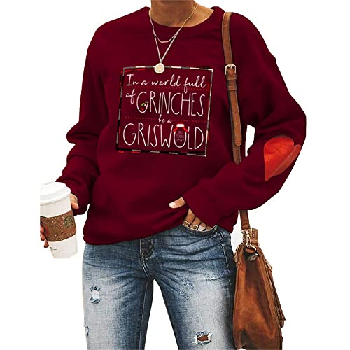 MLZHAN Damen Weihnachts-Sweatshirt, Griswold Harajuku, Kapuzenpullover, langärmelig, mit rotem Herz-Oberteil, Weinrot, M von MLZHAN