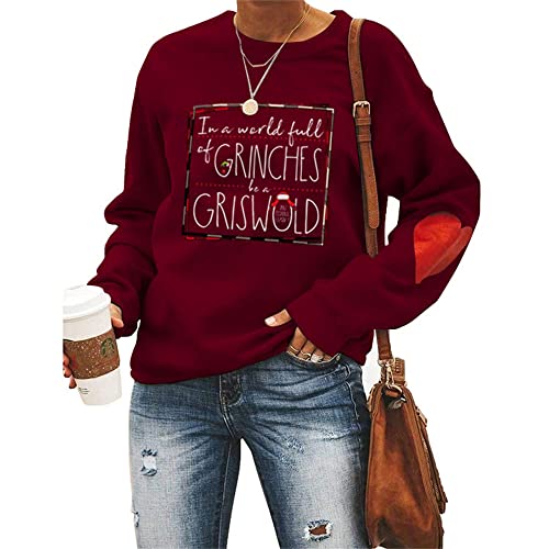 Damen Weihnachts-Sweatshirts Griswold Kpop Harajuku Hoodie Langarm mit rotem Herz Tops, Weinrot, XXL von MLZHAN