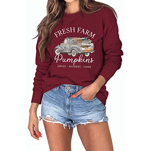 Fresh Farm Pumpkins Apples Hayrides Cider Halloween Frauen Sweatshirts Vintage Kürbisse Auto Grafik Hoodie Tops, Weinrot, M von MLZHAN