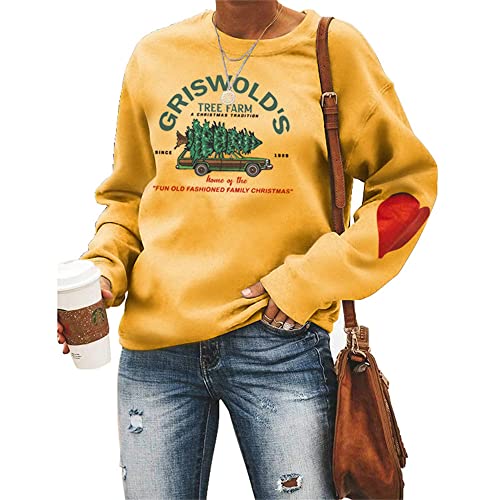 Damen-Sweatshirt „Griswold's Tree Farm“, mir rotem Herz, Weihnachten, Familie, Grafik, ästhetisch, gelb, L von MLZHAN