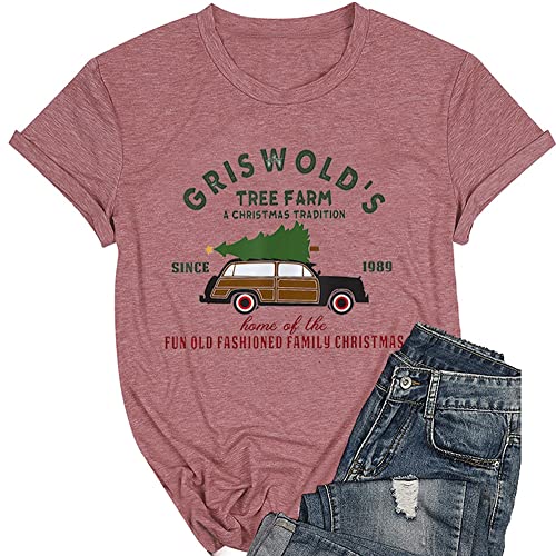 Griswold's Tree Farm T-Shirts für Damen, Weihnachtsbaum, Auto, Rundhalsausschnitt, kurze Ärmel, rose gold, X-Groß von MLZHAN