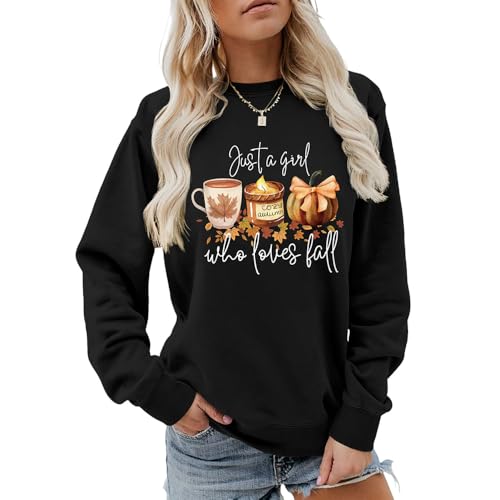 Just A Girl Who Loves Fall Damen Halloween-Sweatshirt Ahornblatt Kaffee Grafik Langarm Pullover Herbst Shirt, Schwarz , L von MLZHAN
