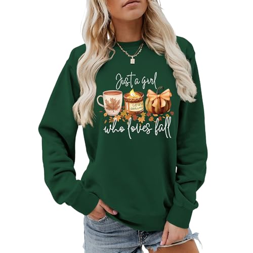 Just A Girl Who Loves Fall Damen Halloween-Sweatshirt Ahornblatt Kaffee Grafik Langarm Pullover Herbst Shirt, Vintage Grün, XL von MLZHAN