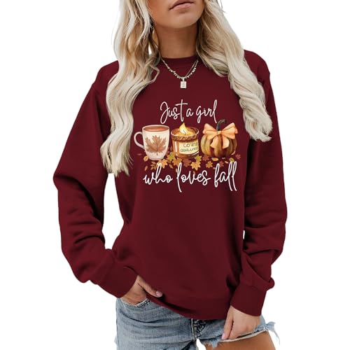 Just A Girl Who Loves Fall Damen Halloween-Sweatshirt Ahornblatt Kaffee Grafik Langarm Pullover Herbst Shirt, weinrot, M von MLZHAN