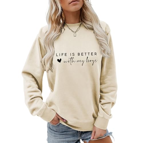 Life Is Better with My Boys Print Women Sweatshirt Funny Mom Boys Shirts Long Sleeve Pullover Tops Mom Sweatshirt Gift, beige, 38 von MLZHAN