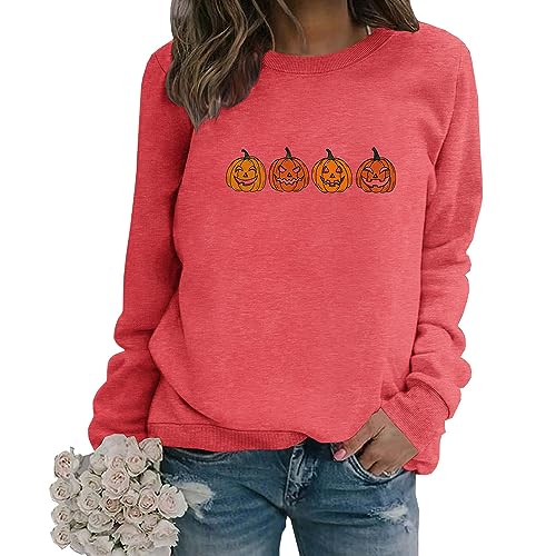 MLZHAN 4 lustige Kürbiskopf Grafik Sweatshirts für Frauen Halloween Rundhalsausschnitt Langarm Herbst Shirts Damen Geschenk Sweatshirt, Rot, L von MLZHAN