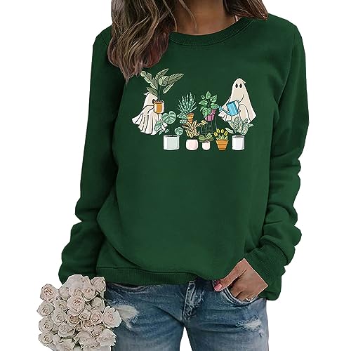 MLZHAN Frauen Halloween Sweatshirts Geschenk Mantel Lustige Geist Pflanzen Grafik Geschenk Mantel Langarm Rundhals Full Winter Sweatshirt, Grün Vintage, L von MLZHAN