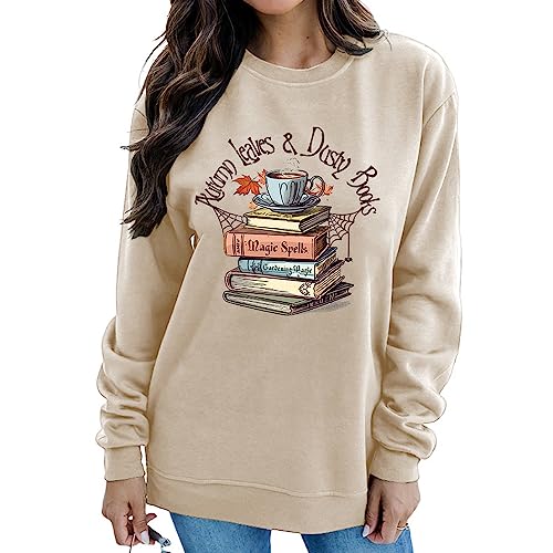 MLZHAN Frauen Herbst Blätter Staub Buch Sweatshirts Halloween Kaffee Tassen Spinnennetz Bücher Herbst Grafik Mantel Geschenk Sweatshirt, Beige, L von MLZHAN