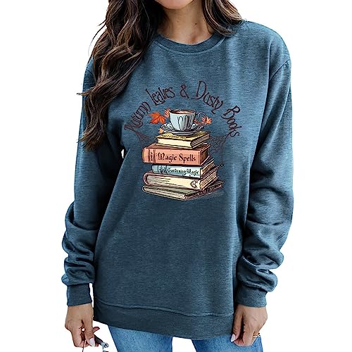 MLZHAN Frauen Herbst Blätter Staub Buch Sweatshirts Halloween Kaffee Tassen Spinnennetz Bücher Herbst Grafik Mantel Geschenk Sweatshirt, Blau, S von MLZHAN