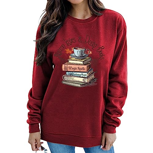 MLZHAN Frauen Herbst Blätter Staub Buch Sweatshirts Halloween Kaffee Tassen Spinnennetz Bücher Herbst Grafik Mantel Geschenk Sweatshirt, Rotwein, XL von MLZHAN