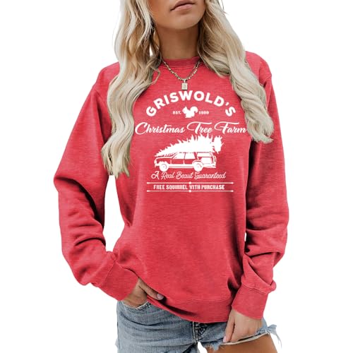 MLZHAN Griswold's Christmas Tree Farm Sweatshirt Damen Casual Trendy Shirt Langarm Pullover Ästhetisch Xmas Family Tops, Rot 2, M von MLZHAN