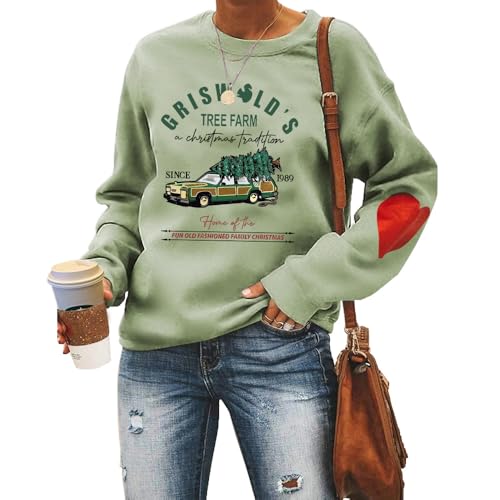 MLZHAN Griswold's Tree Farm Damen Sweatshirts A Christmas Tradition Weihnachtsbaum Auto Print Casual Sweatshirt mit rotem Herz, olivgrün, M von MLZHAN