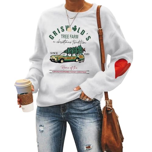 MLZHAN Griswold's Tree Farm Damen Sweatshirts A Christmas Tradition Weihnachtsbaum Auto Print Casual Sweatshirt mit rotem Herz, weiß, L von MLZHAN