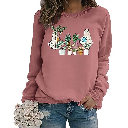 MLZHAN Halloween Sweatshirts Frauen Lustige Geist Pflanzen Grafik Festival Geschenk Mantel Full Winter Rundhals Langarm Sweatshirt, Rotgold, M von MLZHAN