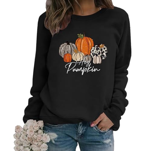 MLZHAN Hey Pumpkin Halloween Sweatshirt Damen Lustige Karierte Hoodies Kürbisse Leopardenmuster Langarm Harajuku T-Shirts Herbst, Schwarz, M von MLZHAN