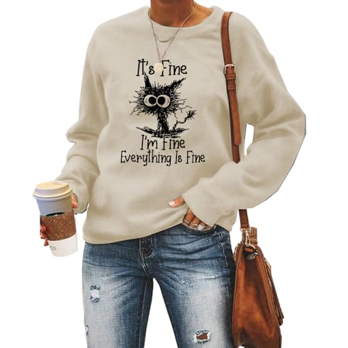 MLZHAN It's Fine I'm Fine Everything Is Fine Damen-Sweatshirt, lustig, explosives Haar, Katzendruck, Langarm-Pullover, beige, M von MLZHAN