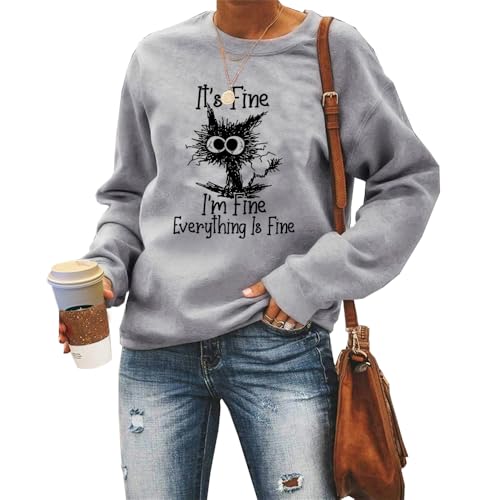 MLZHAN It's Fine I'm Fine Everything Is Fine Damen-Sweatshirt, lustig, explosives Haar, Katzendruck, Langarm-Pullover, grau, M von MLZHAN