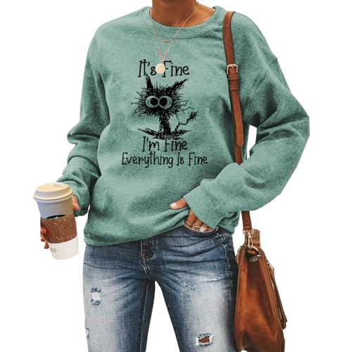 MLZHAN It's Fine I'm Fine Everything Is Fine Damen-Sweatshirt, lustig, explosives Haar, Katzendruck, Langarm-Pullover, lichtgrün, M von MLZHAN