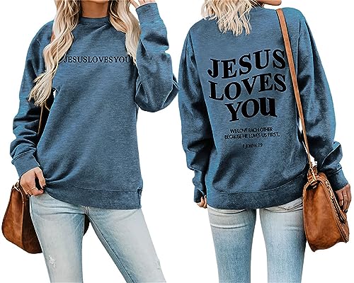 MLZHAN Jesus Loves You Brief Print Frauen Sweatshirt Rundhals Langarm Herbst Winter Streetwear Christian Geschenk Sweatshirts, Blau, M von MLZHAN