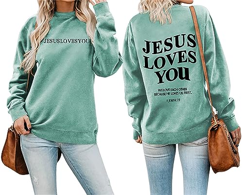 MLZHAN Jesus Loves You Brief Print Frauen Sweatshirt Rundhals Langarm Herbst Winter Streetwear Christian Geschenk Sweatshirts, Hellgrün, M von MLZHAN