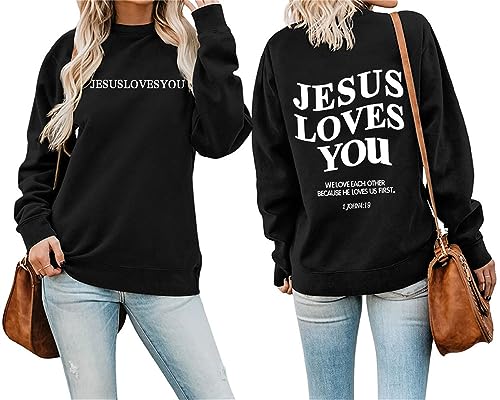 MLZHAN Jesus Loves You Brief Print Frauen Sweatshirt Rundhals Langarm Herbst Winter Streetwear Christian Geschenk Sweatshirts, Schwarz, L von MLZHAN