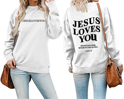 MLZHAN Jesus Loves You Brief Print Frauen Sweatshirt Rundhals Langarm Herbst Winter Streetwear Christian Geschenk Sweatshirts, Weiß, M von MLZHAN