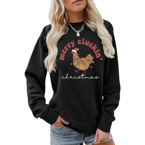 MLZHAN Merry Cluckin Weihnachten Frau Sweatshirt Lustiges Huhn mit Weihnachtsmütze Bunte Lichter Drucken Geschenk Herbst Winter Shirt, Schwarz, XXL von MLZHAN
