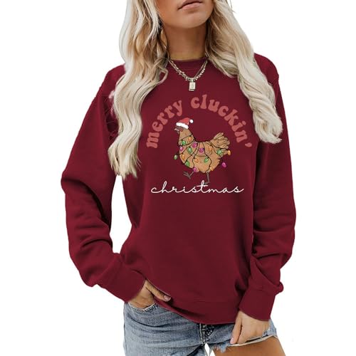 MLZHAN Merry Cluckin Weihnachten Frau Sweatshirt Lustiges Huhn mit Weihnachtsmütze Bunte Lichter Drucken Geschenk Herbst Winter Shirt, Weinrot, L von MLZHAN
