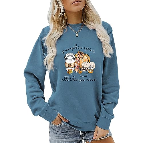 MLZHAN Pumpkin Spice and All Things Nice Sweatshirt Women Halloween Funny Pumpkin Coffee Print Herbst Winter Geschenk Sweatshirt, Blau, XXL von MLZHAN