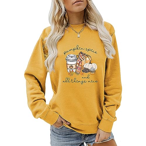 MLZHAN Pumpkin Spice and All Things Nice Sweatshirt Women Halloween Funny Pumpkin Coffee Print Herbst Winter Geschenk Sweatshirt, Gelb, M von MLZHAN