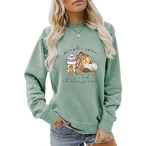 MLZHAN Pumpkin Spice and All Things Nice Sweatshirt Women Halloween Funny Pumpkin Coffee Print Herbst Winter Geschenk Sweatshirt, Hellgrün, M von MLZHAN