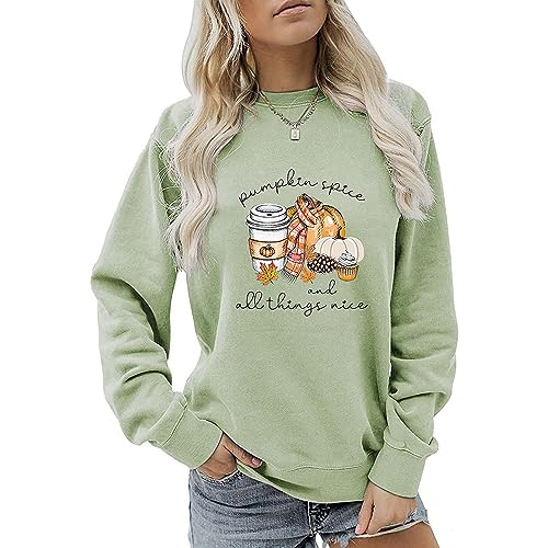 MLZHAN Pumpkin Spice and All Things Nice Sweatshirt Women Halloween Funny Pumpkin Coffee Print Herbst Winter Geschenk Sweatshirt, Olivgrün, S von MLZHAN