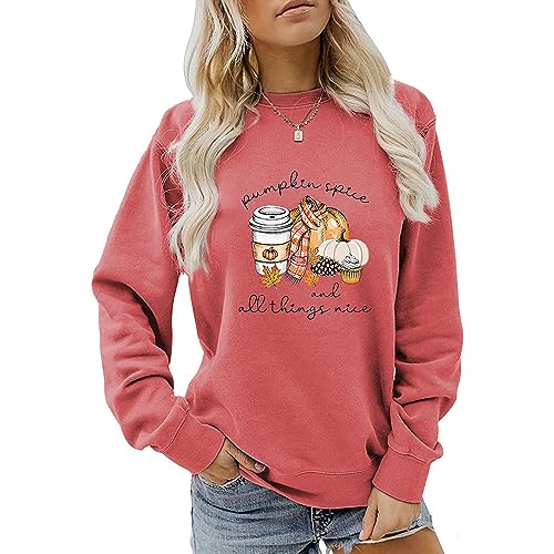 MLZHAN Pumpkin Spice and All Things Nice Sweatshirt Women Halloween Funny Pumpkin Coffee Print Herbst Winter Geschenk Sweatshirt, Rot, XXL von MLZHAN