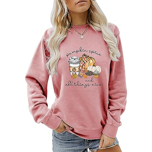 MLZHAN Pumpkin Spice and All Things Nice Sweatshirt Women Halloween Funny Pumpkin Coffee Print Herbst Winter Geschenk Sweatshirt, Rotgold, L von MLZHAN