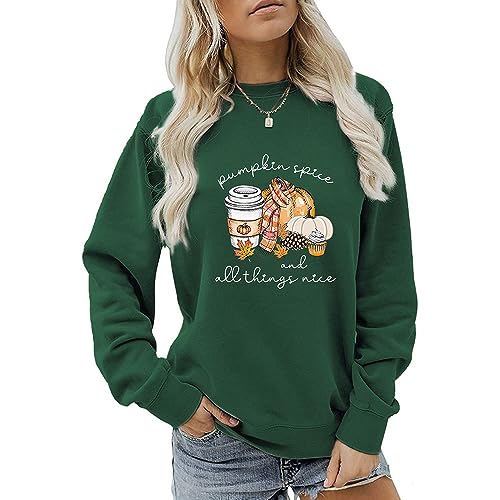 MLZHAN Pumpkin Spice and All Things Nice Sweatshirt Women Halloween Funny Pumpkin Coffee Print Herbst Winter Geschenk Sweatshirt, Vintage Grün, M von MLZHAN