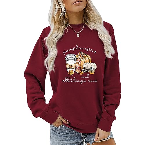 MLZHAN Pumpkin Spice and All Things Nice Sweatshirt Women Halloween Funny Pumpkin Coffee Print Herbst Winter Geschenk Sweatshirt, Weinrot, XL von MLZHAN