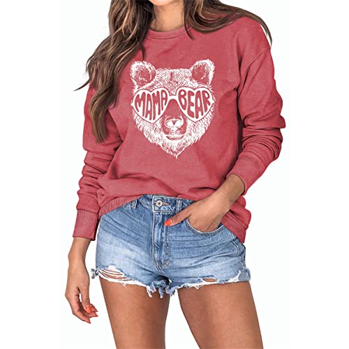 Mama Bear Damen-Sweatshirt, lustiger Bärenkopf-Grafik, Harajuku, lässiges Sweatshirt, Rundhalsausschnitt, langärmelig, Größe XXL, Rot 2, XXL von MLZHAN