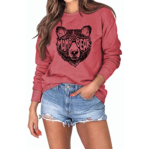 Mama Bear Damen Sweatshirts Lustiger Bärenkopf Grafik Harajuku Casual Sweatshirt Roundneck Langarm 2XL Shirt Tops, rot, Large von MLZHAN