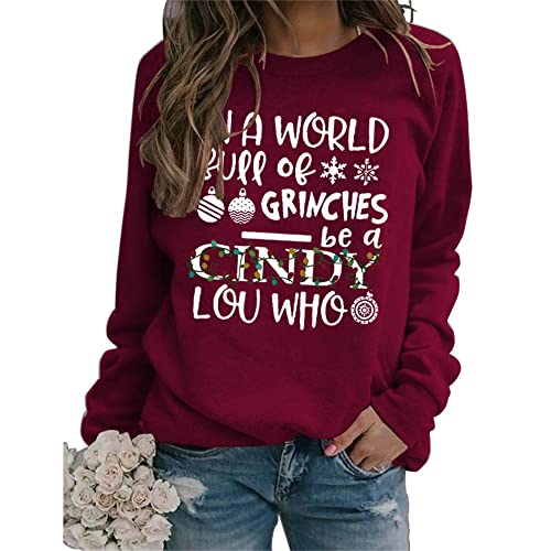 MLZHAN Frauen in einer Welt voller Weihnachten Sweatshirts Rundhalsausschnitt Langarm Tops Weibliche Harajuku Sweatshirt Tops, weinrot, 36 von MLZHAN