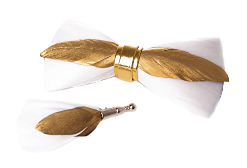 MM FASHION MODERN MAN FASHION Handgemacht Hochzeit Party Leder Feder Fliege mit Geschenkbox Set für Herren (weiß und gold) von MM FASHION MODERN MAN FASHION