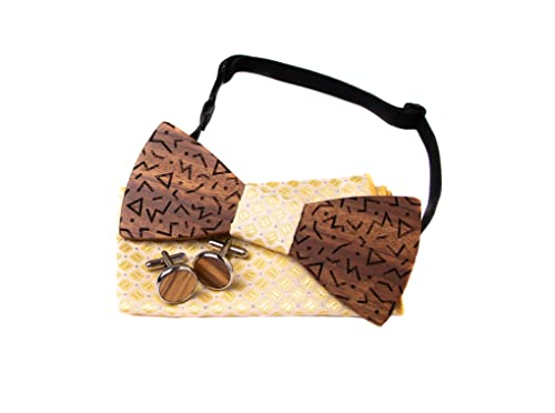MM FASHION MODERN MAN FASHION Holzfliege männer holz fliege herren klassische 3d geprägte hölzerne Fliege Set Plaid Quadrat Schal Manschettenknöpfe Lässige Massivholz Umweltschutz Set (ecru-gold) von MM FASHION MODERN MAN FASHION