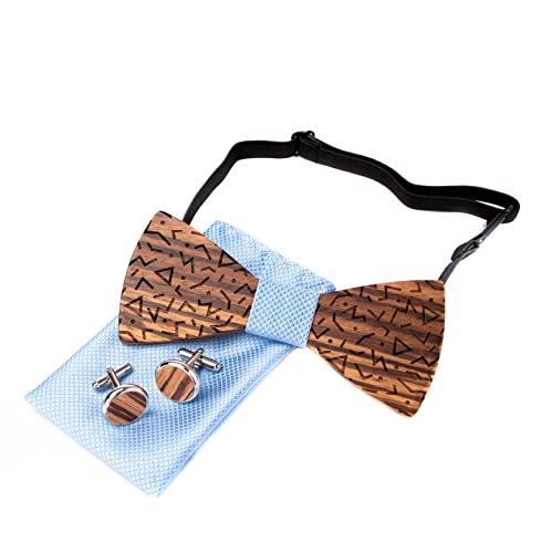 MM FASHION MODERN MAN FASHION Holzfliege männer holz fliege herren klassische 3d geprägte hölzerne Fliege Set Plaid Quadrat Schal Manschettenknöpfe Lässige Massivholz Umweltschutz Set (hellblau) von MM FASHION MODERN MAN FASHION