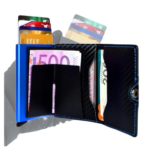 MM Fashion Kartenetui Geldbeutel RFID Slim aus Kunstleder – Geldbörse mit Auswurfsystem für 6 Karten – Portemonnaie in Schwarz-Blau mit Druckknopf – Kreditkartenetui Geldtasche für Herren von MM FASHION MODERN MAN FASHION