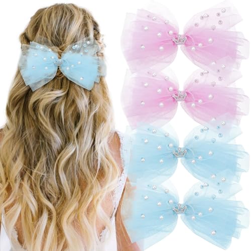 Haarnadel, 4 Stück, Perlen-Haarschleifen, Haarspangen, Tüllkrone, Haarnadeln, elegante Spitzenschleier-Haarspangen, Kristall-Entenschnabel-Haarspangen, süße blau-rosa Haar-Accessoires for Frauen und M von MMBUY